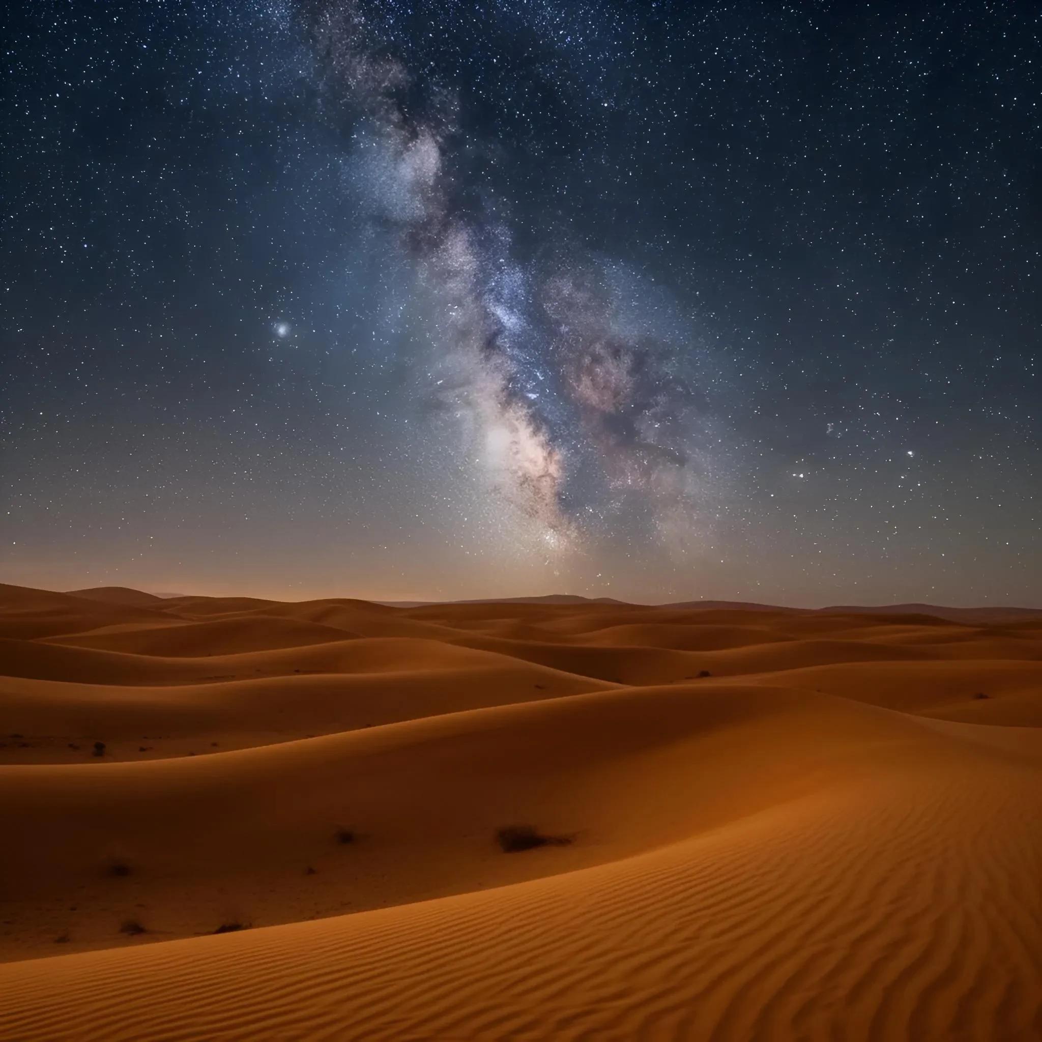 a starry night sky and the milky way over rolling desert sand dunes