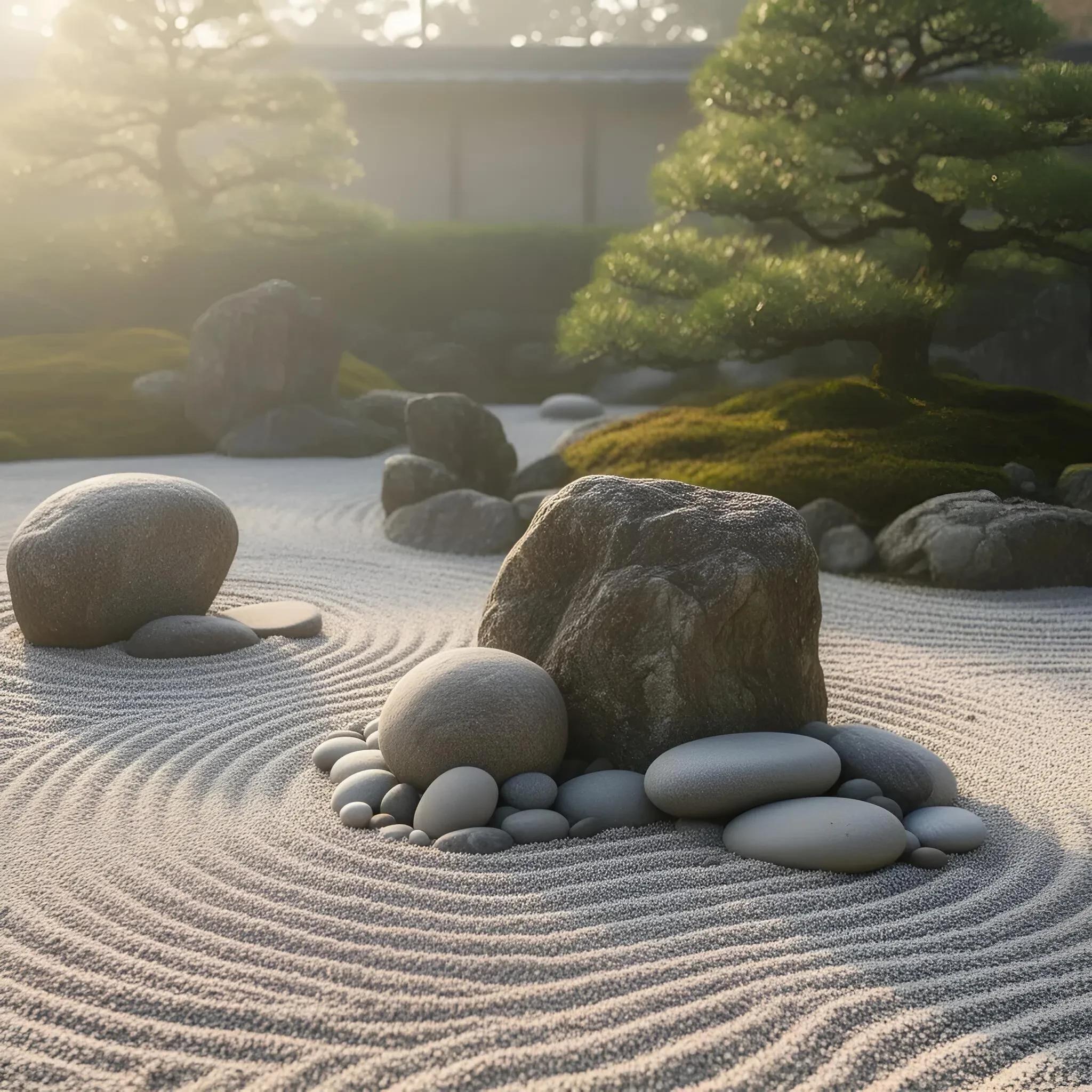 a peaceful zen rock garden with raked sand and smooth stones, soft morning light