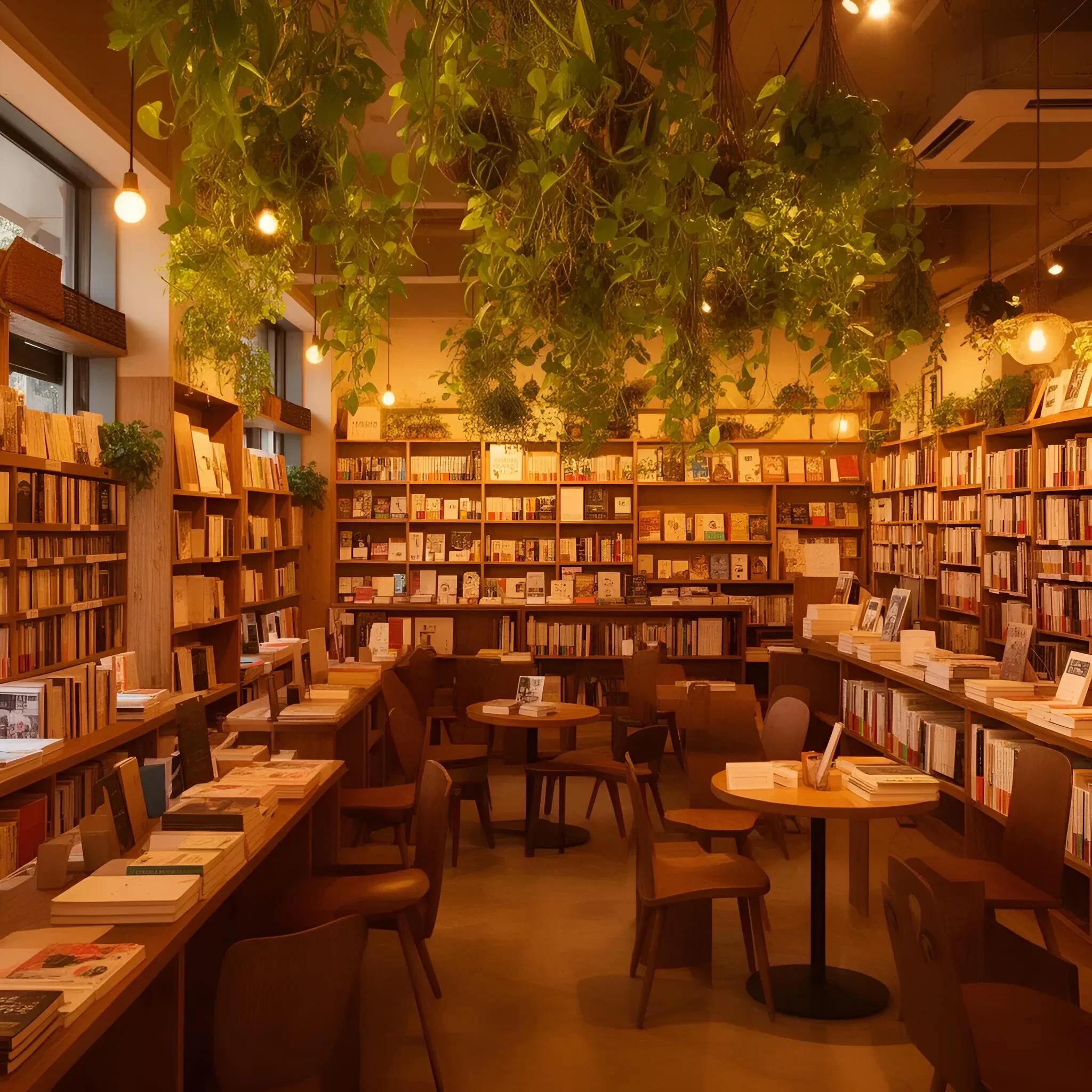 a cozy bookstore cafe interior, warm lighting, hanging plants, wooden shelves