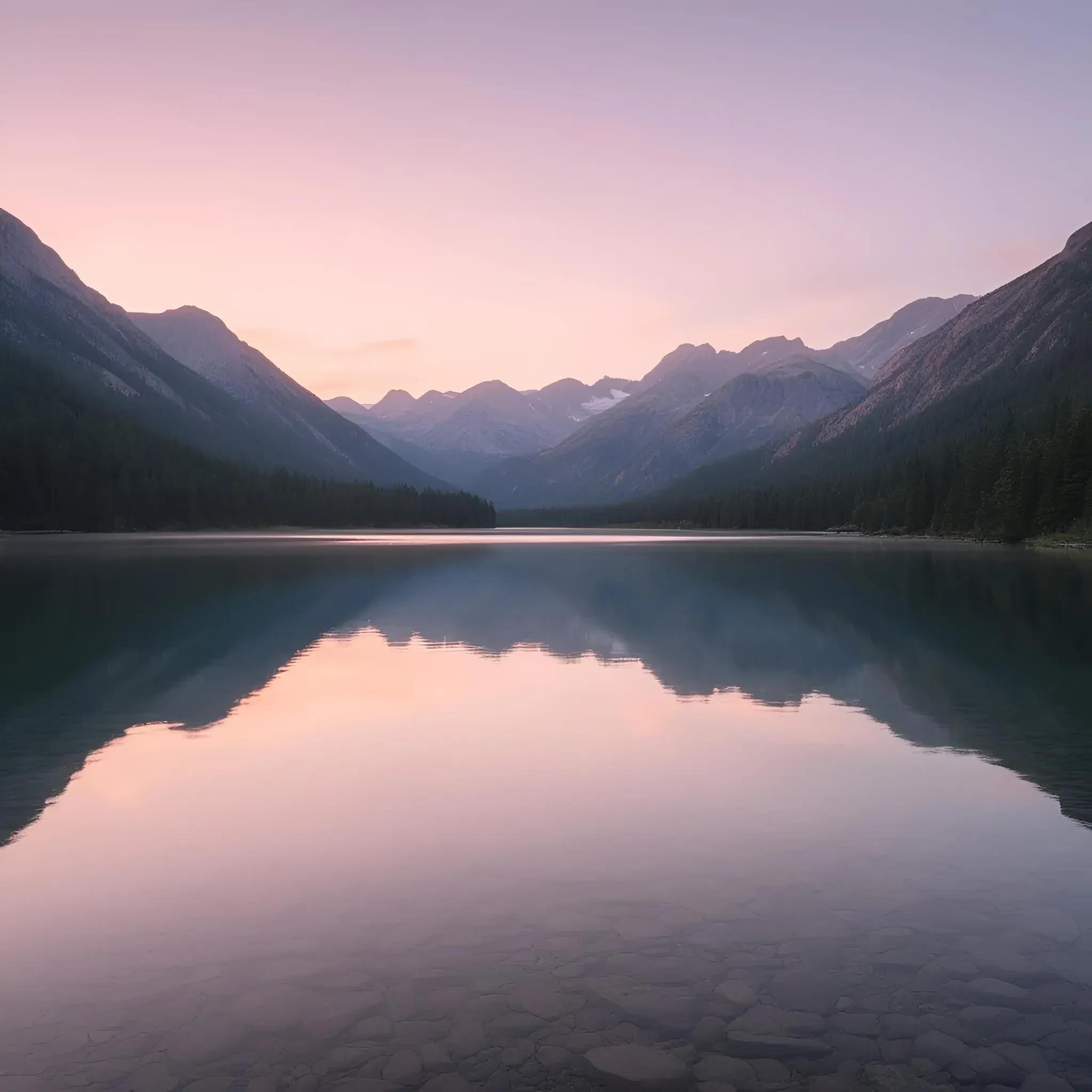 a serene mountain lake at sunrise, mirror reflection, soft pastel sky