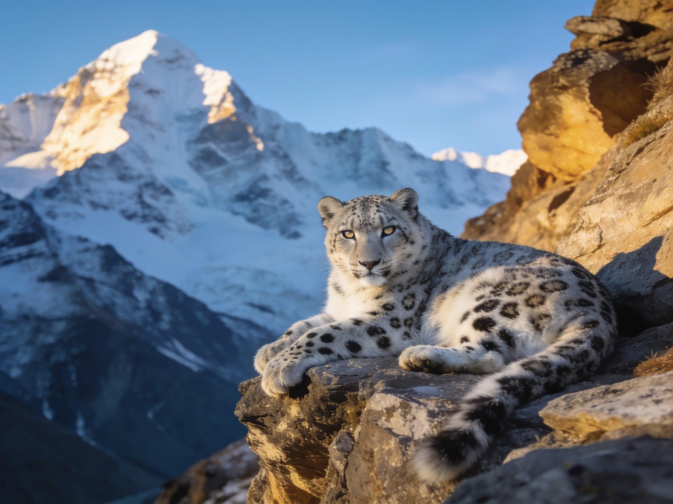 A majestic snow leopard resting on a rocky Himalayan ledge, piercing eyes, crisp wildlife photography
