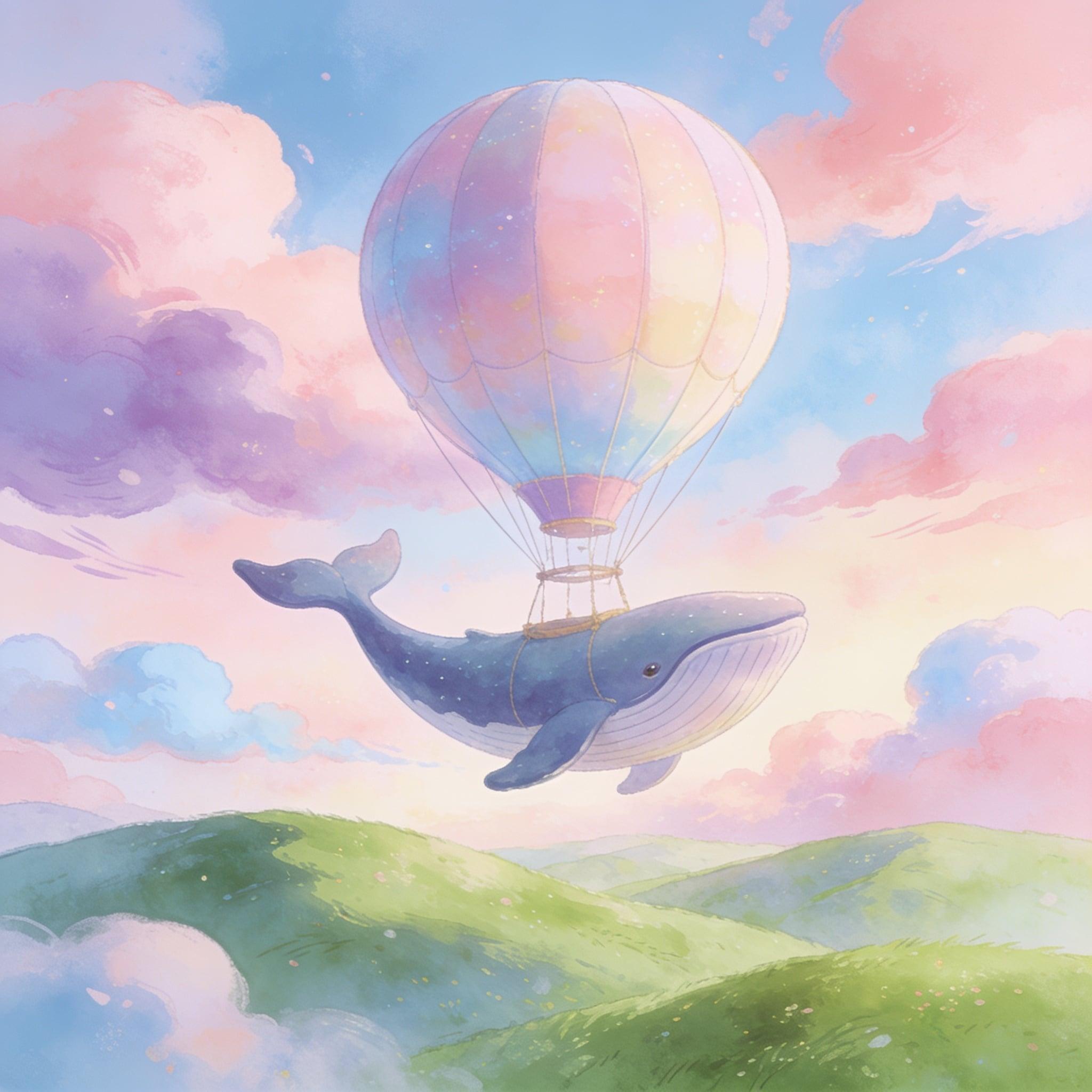 A whimsical hot air balloon shaped like a whale floating over rolling green hills, dreamy pastel sky