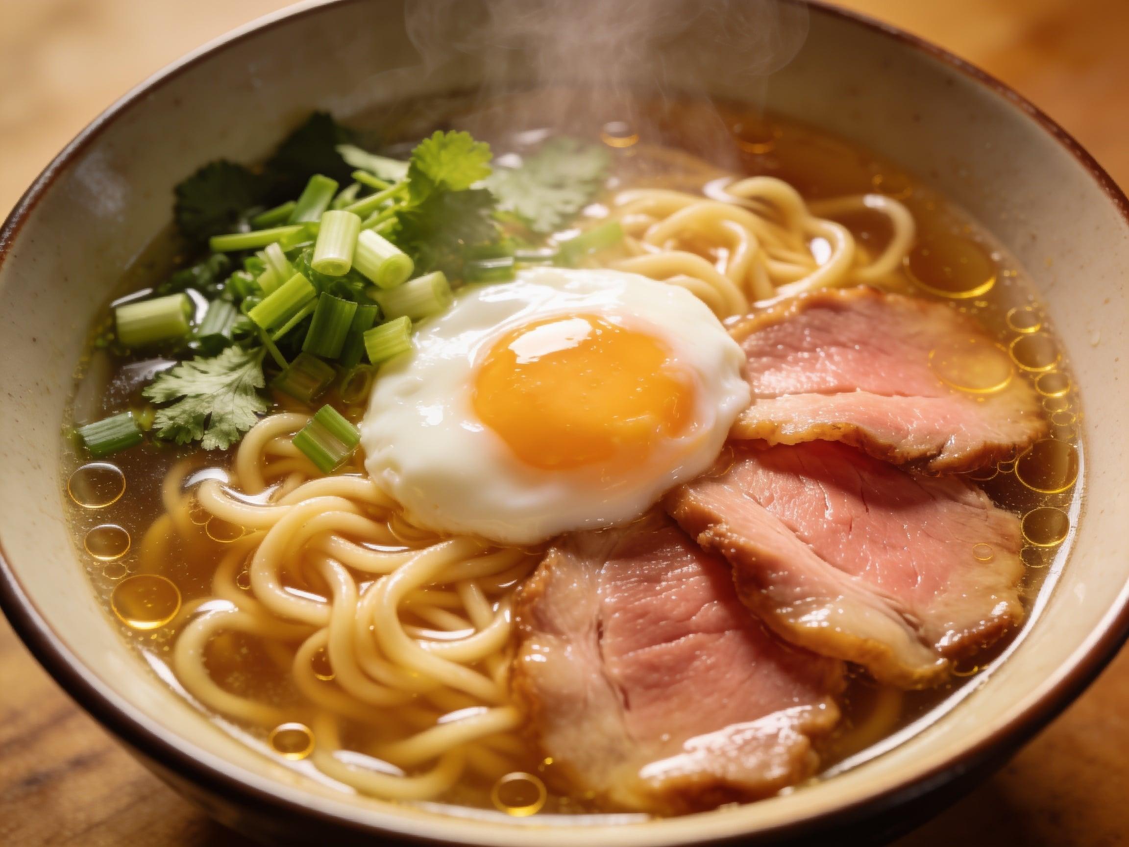 A detailed steaming bowl of ramen with fresh herbs and a soft egg, overhead shot, appetizing food photography