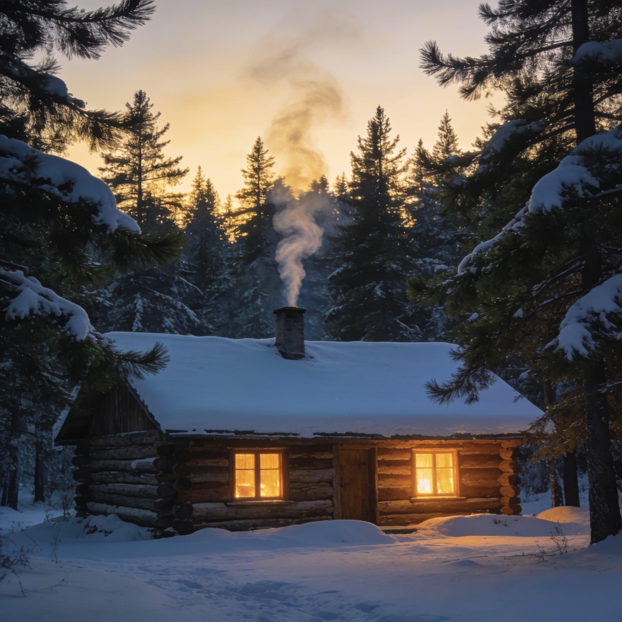 A snow-dusted log cabin glowing warmly in a pine forest at twilight, smoke from the chimney, peaceful