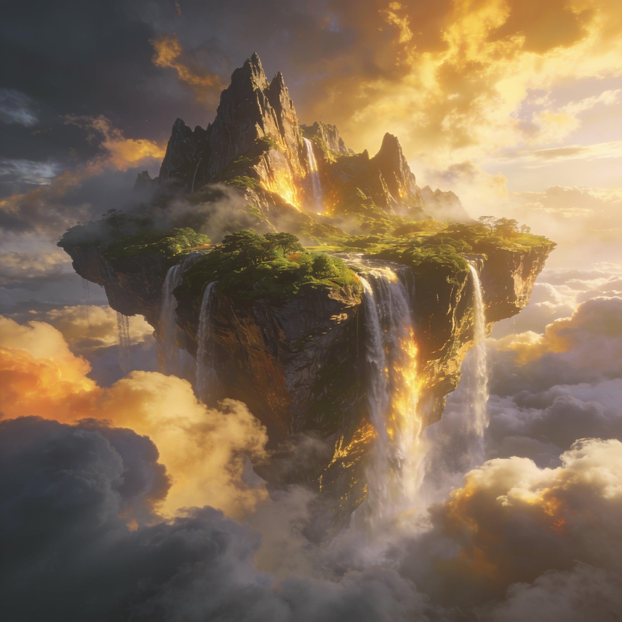 A surreal floating island with waterfalls spilling into the clouds, fantasy landscape, golden light