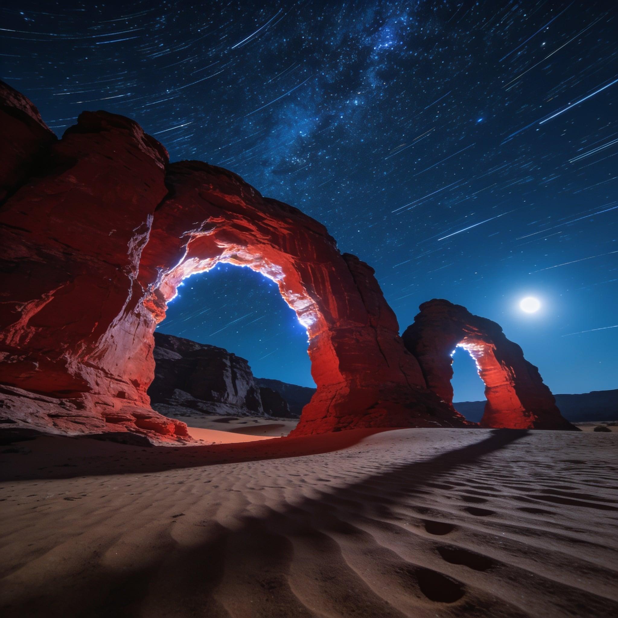 A dramatic desert landscape with towering red rock arches under a star-filled night sky, long exposure