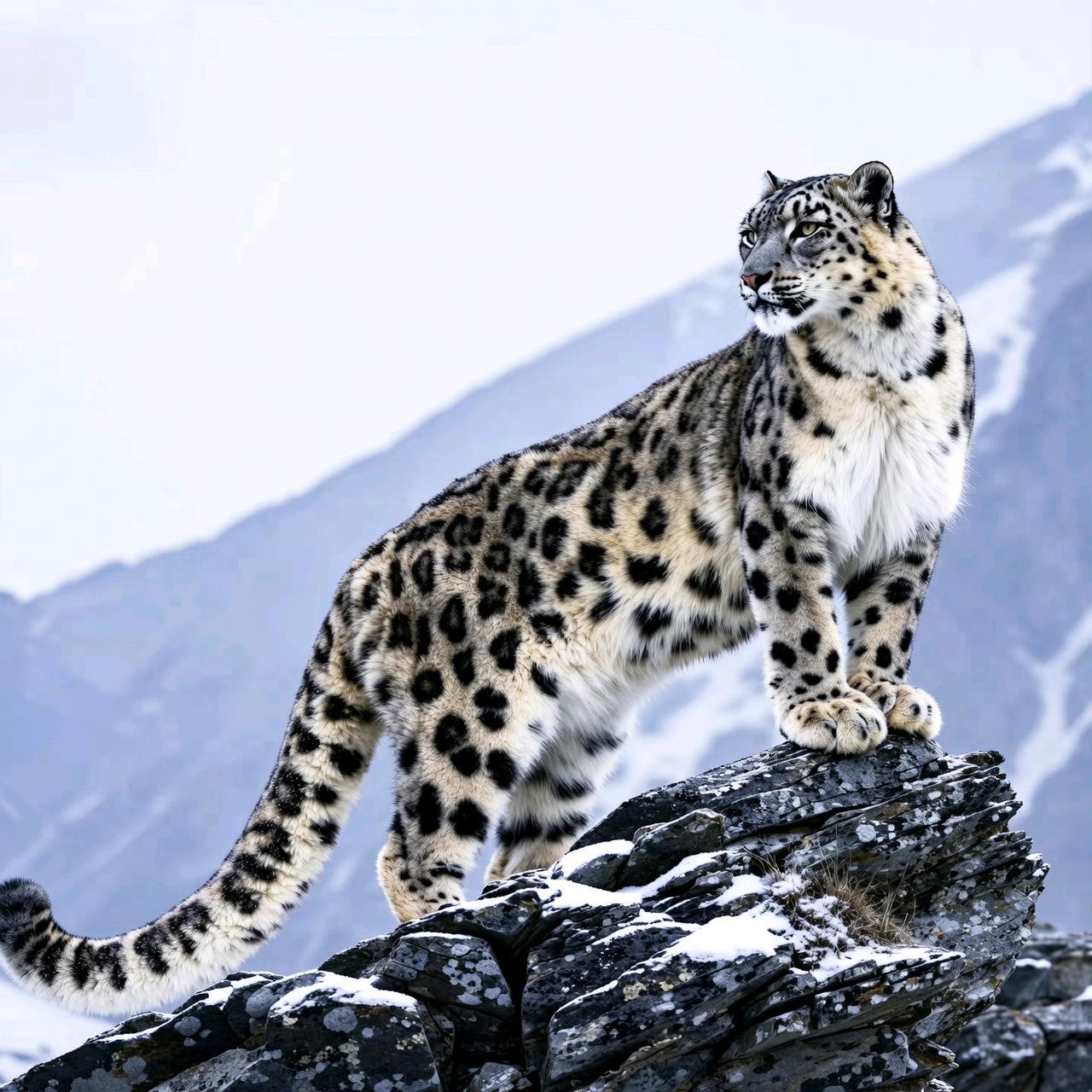 A snow leopard on a rocky Himalayan ledge, piercing eyes, crisp wildlife photography