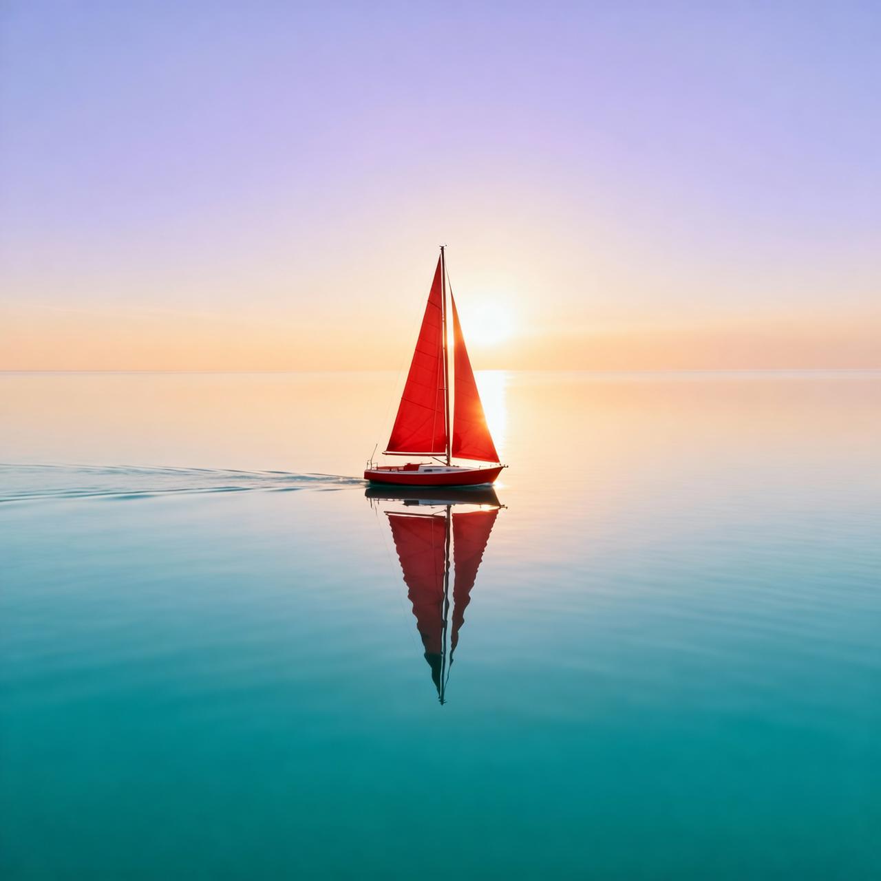A lone red sailboat on a calm turquoise sea at golden hour, minimalist, gentle reflections