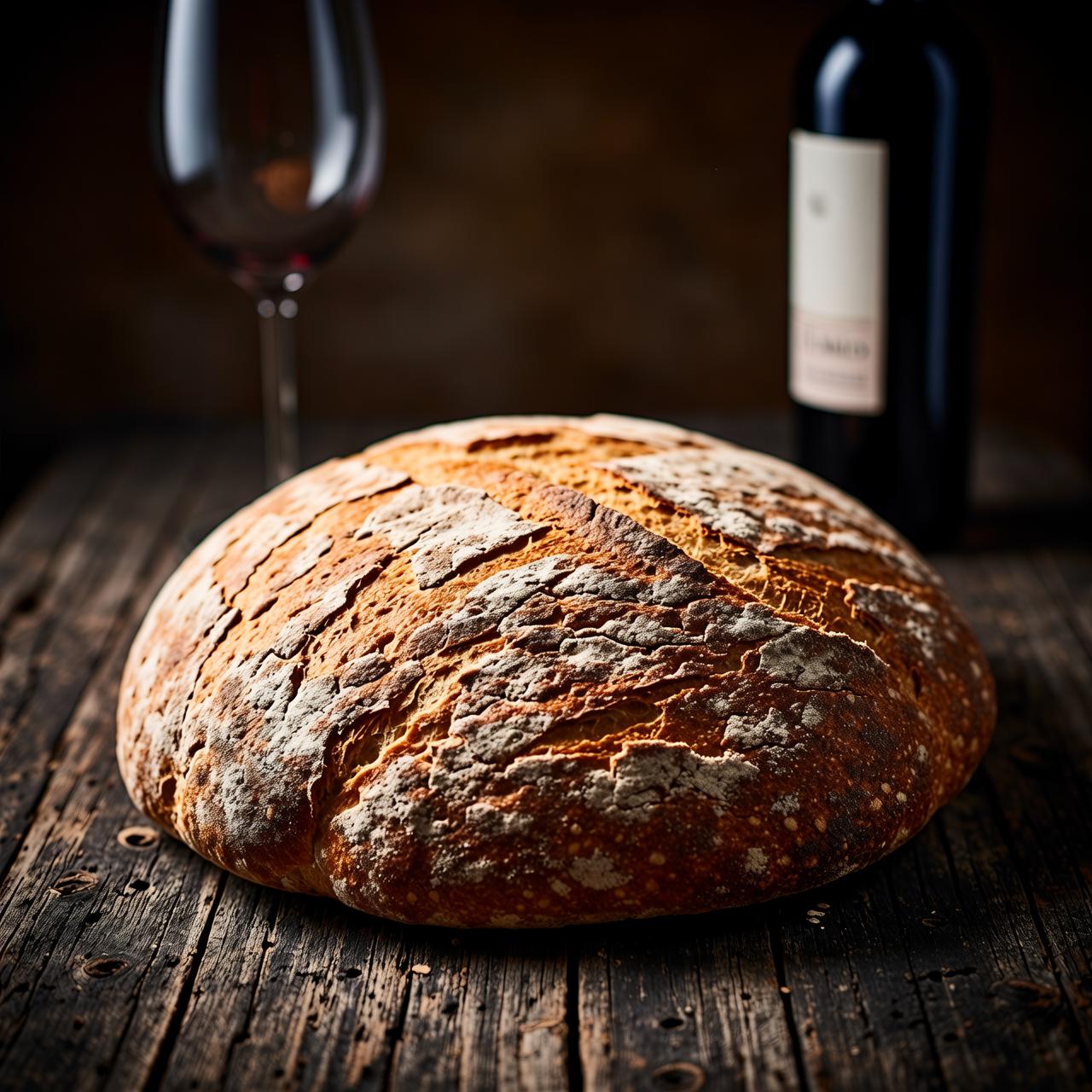 A rustic loaf of crusty bread and red wine on a wooden table, candlelit food photography