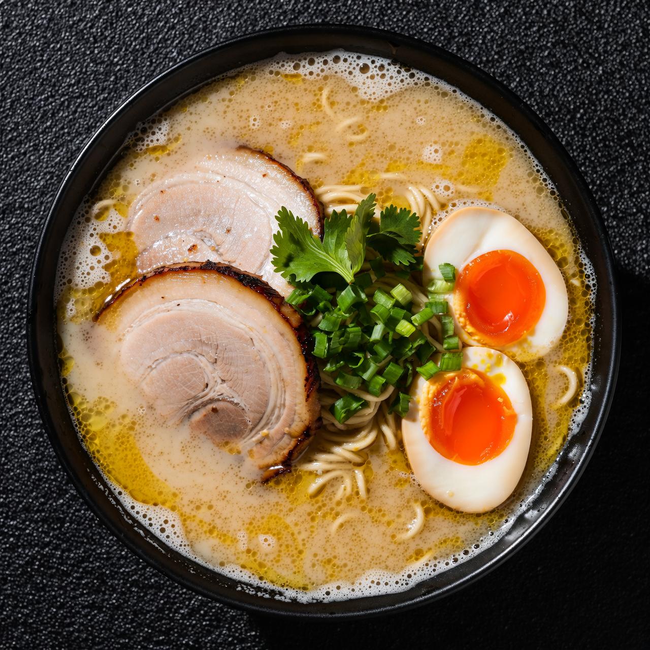 A steaming bowl of ramen with herbs and a soft egg, overhead food photography