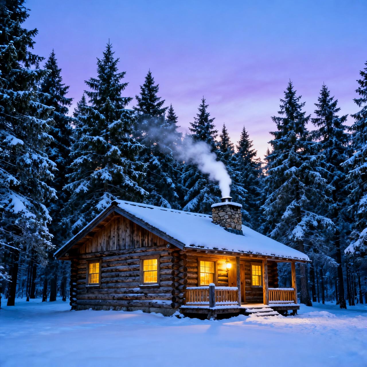 A snow-dusted log cabin glowing in a pine forest at twilight, chimney smoke