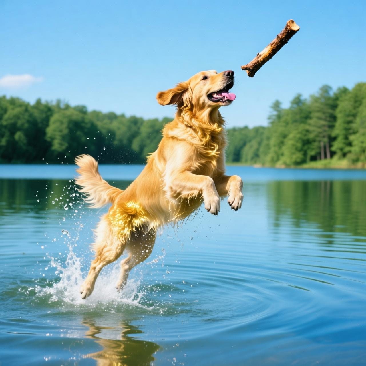 A golden retriever leaping into a lake to fetch a stick, splashing water, sunny day