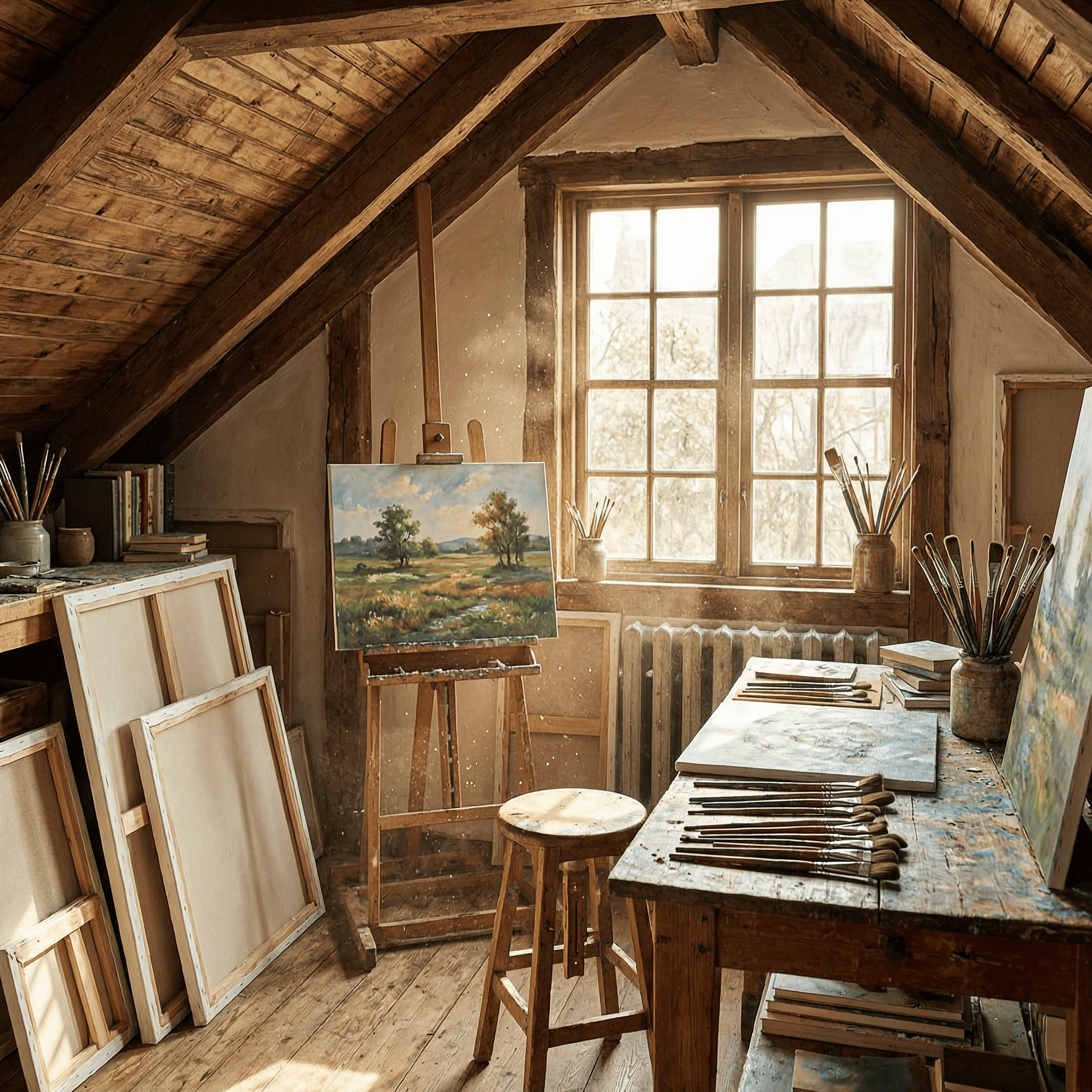 A cozy attic art studio in afternoon sun, canvases and brushes, warm dust motes
