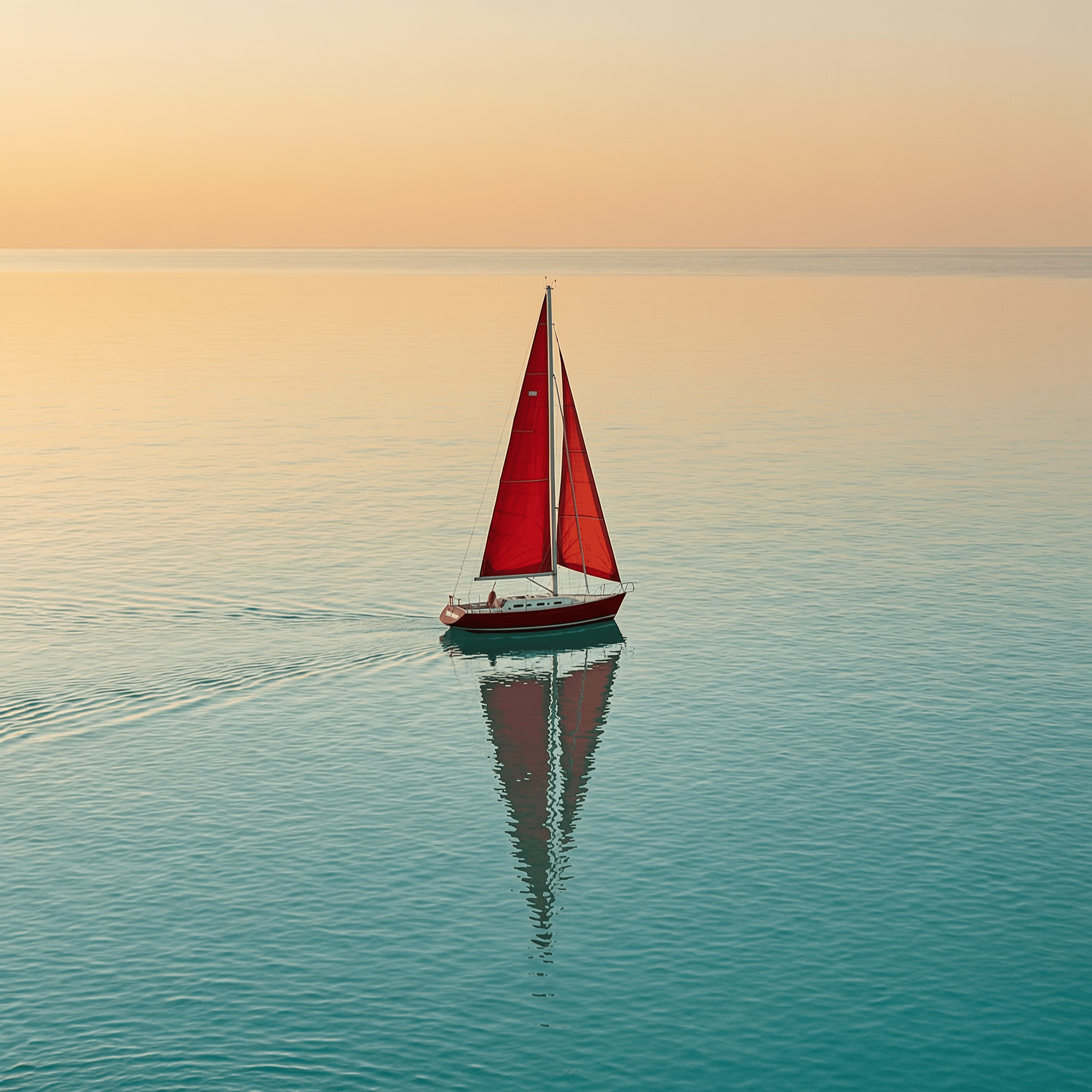 A lone red sailboat on a calm turquoise sea at golden hour, minimalist, gentle reflections