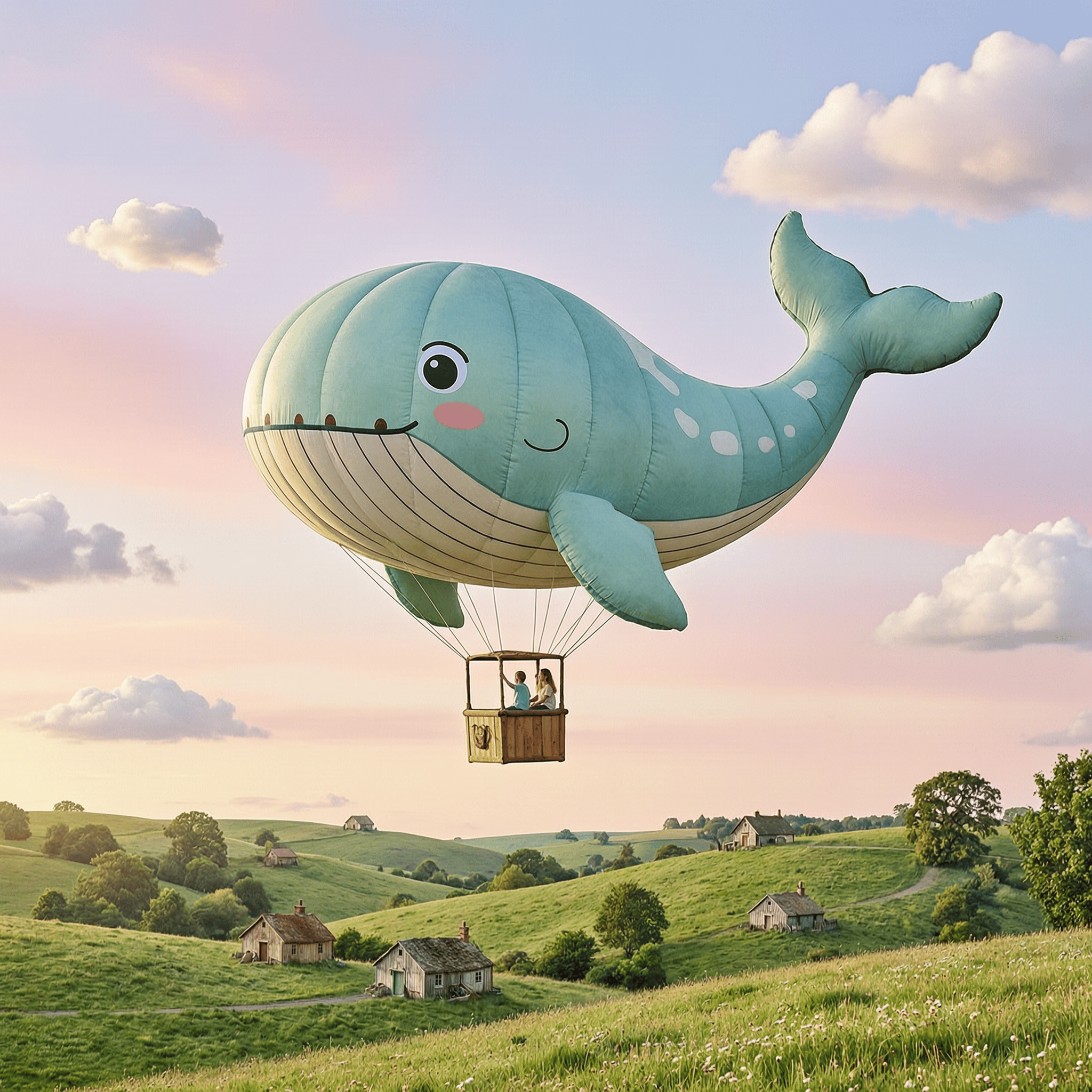 A whimsical hot air balloon shaped like a whale over green hills, pastel sky