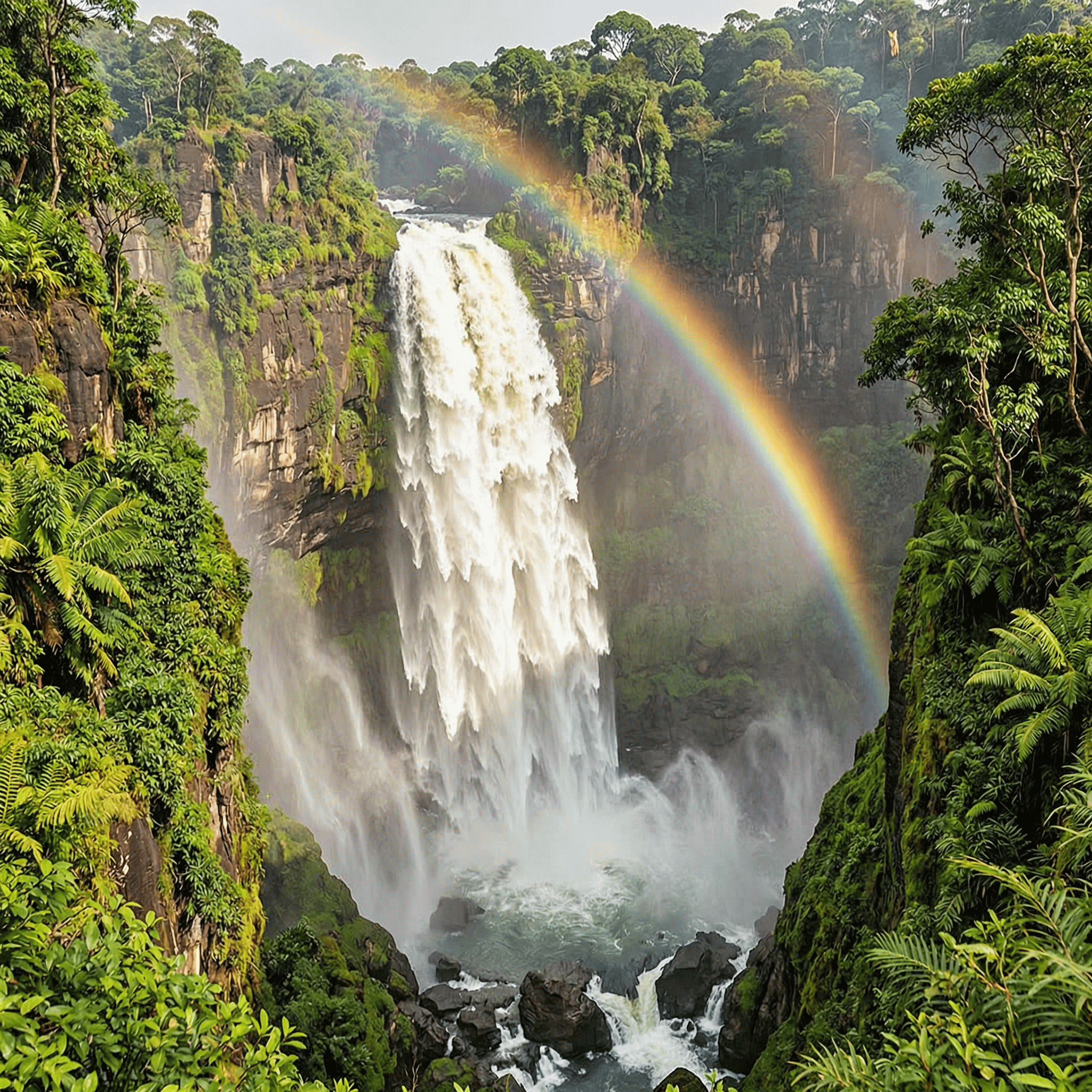 A powerful waterfall through a lush green canyon, mist catching rainbow light