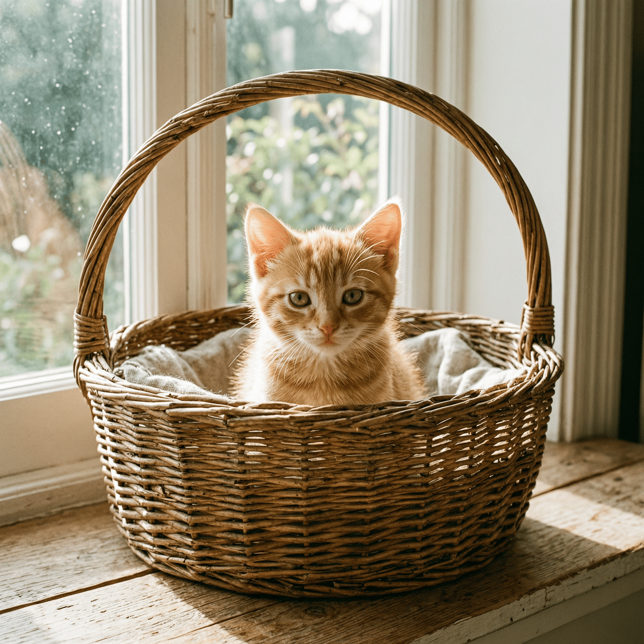 An orange tabby kitten peeking out of a wicker basket, soft window light