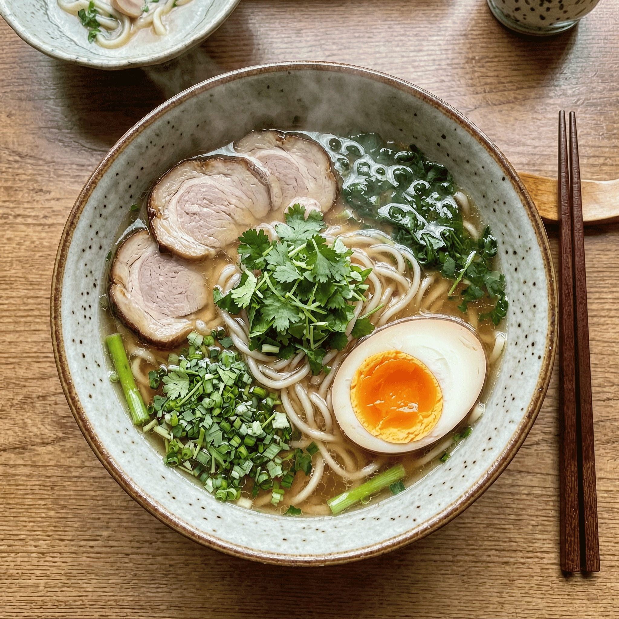 A steaming bowl of ramen with herbs and a soft egg, overhead food photography