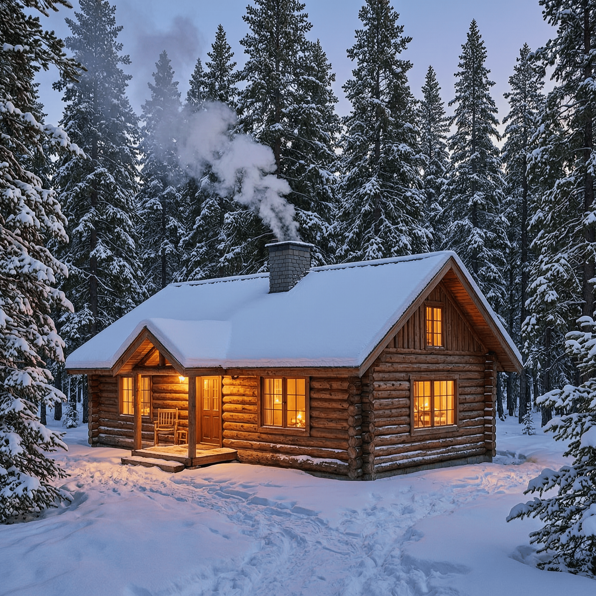 A snow-dusted log cabin glowing in a pine forest at twilight, chimney smoke