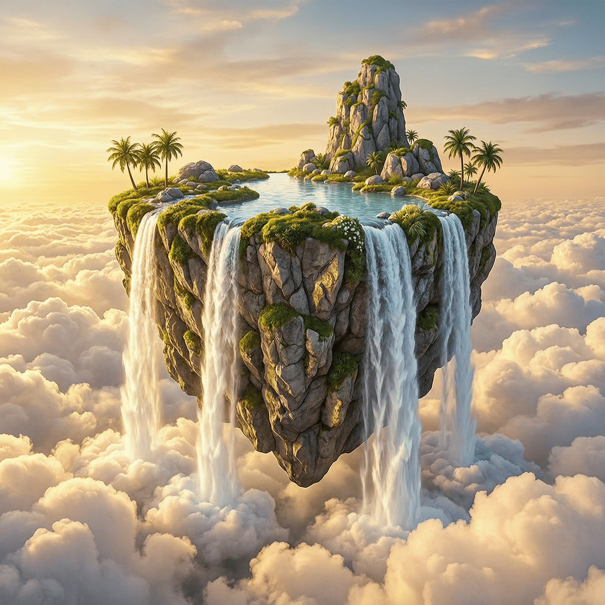 A surreal floating island with waterfalls spilling into clouds, golden light