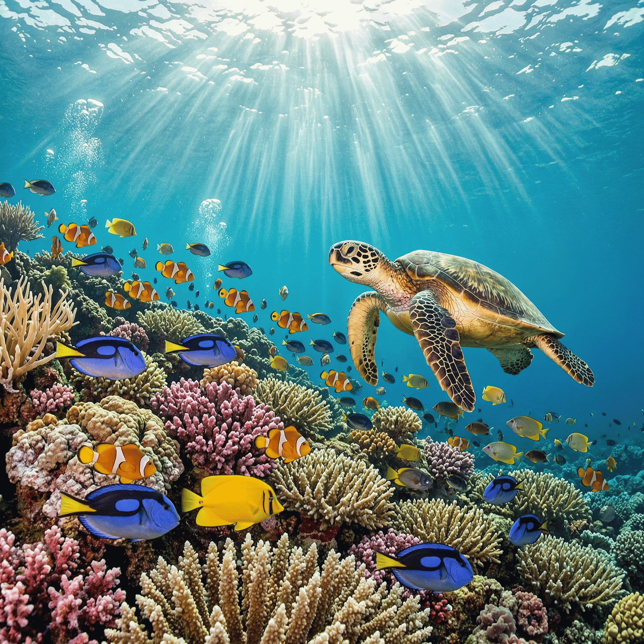 A vibrant coral reef with tropical fish and a sea turtle, sun rays underwater