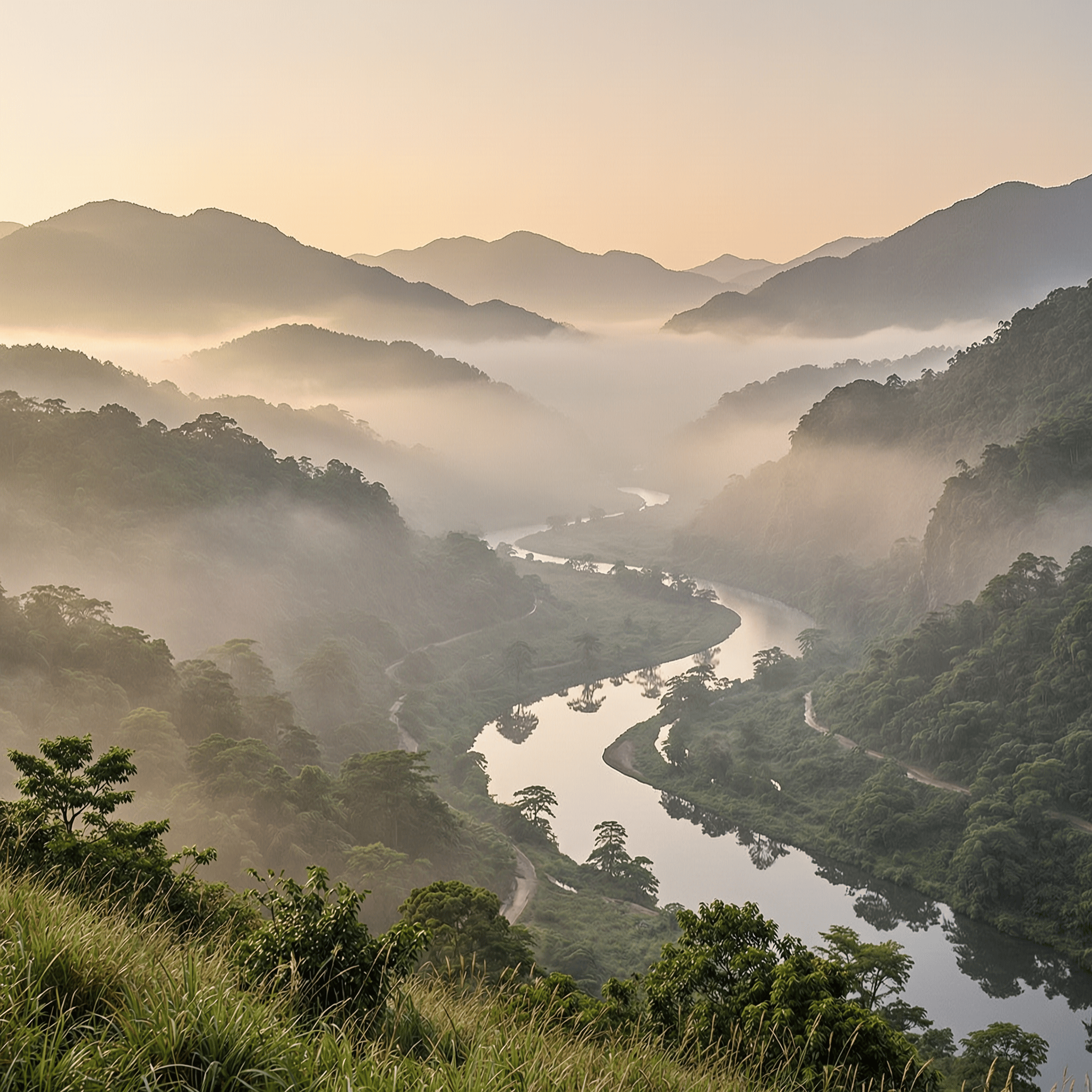 A misty mountain valley at dawn, layered ridgelines, a winding river, soft light