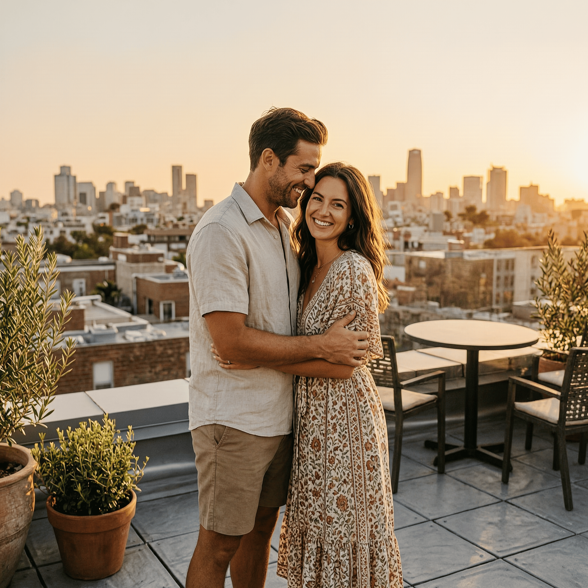 Sun-drenched lifestyle portrait of an attractive adult couple in their late 20s embracing on a rooftop at sunset, stylish summer outfits, candid romantic mood, warm cinematic light, photorealistic