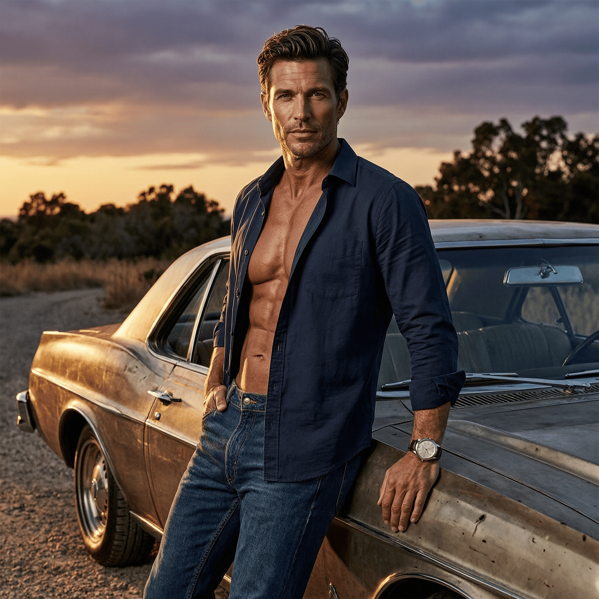 Dramatic fashion portrait of a handsome man in his 30s with an open shirt and toned physique, leaning against a vintage car at dusk, cinematic rim light, GQ editorial style, photorealistic