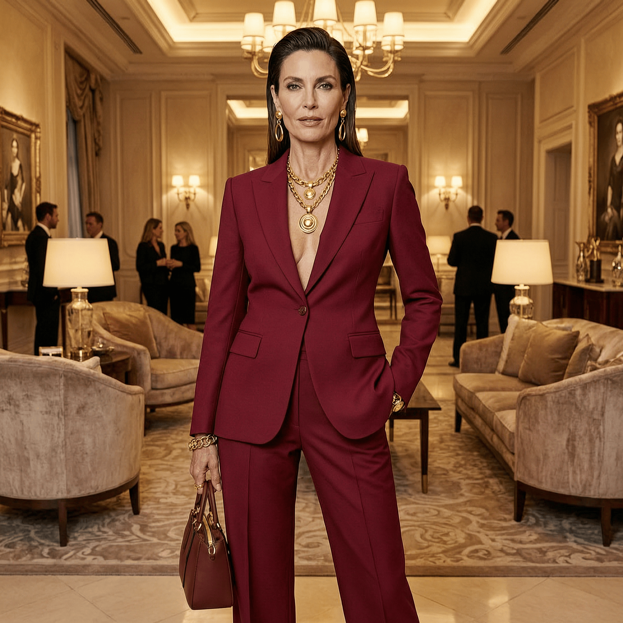 Glamour fashion portrait of an adult woman in a tailored crimson power suit with statement gold jewelry, confident pose in a luxury hotel lobby, warm cinematic lighting, high-fashion editorial, fully clothed, photorealistic