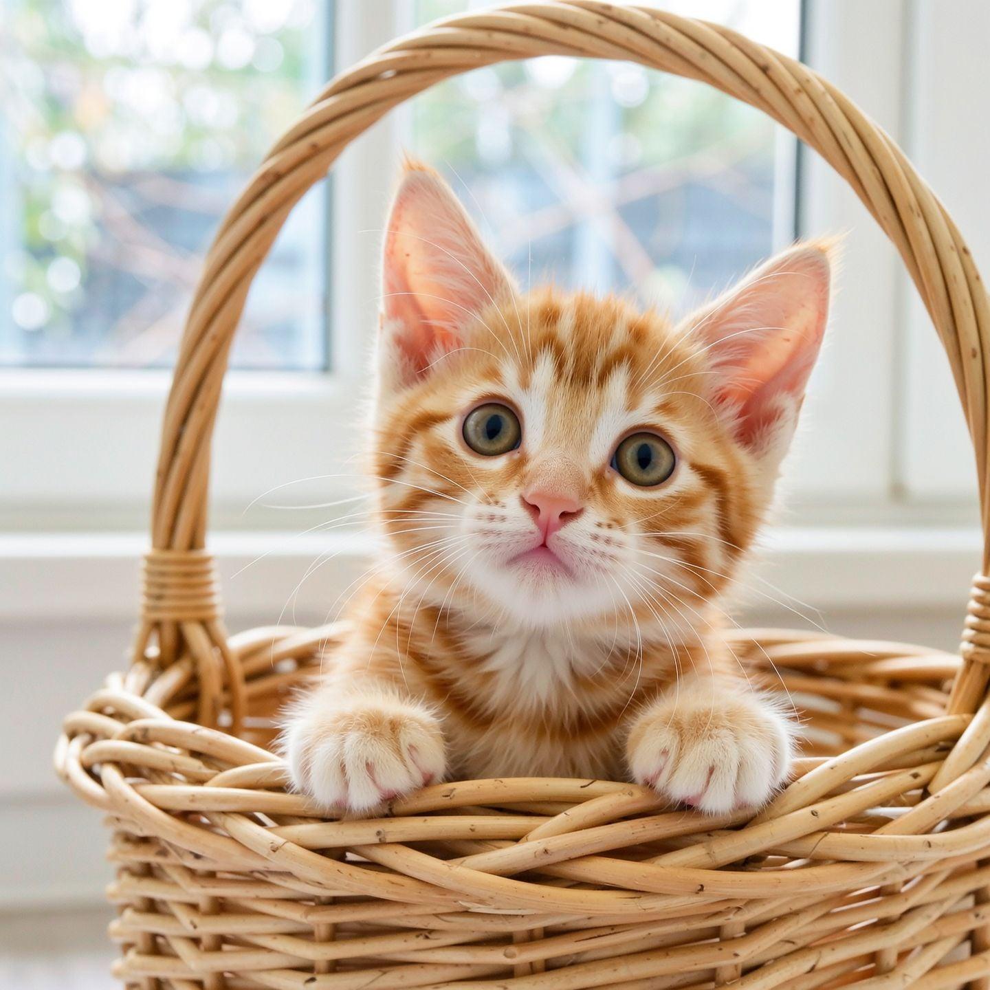 A curious orange tabby kitten peeking out of a wicker basket, soft window light, adorable detail