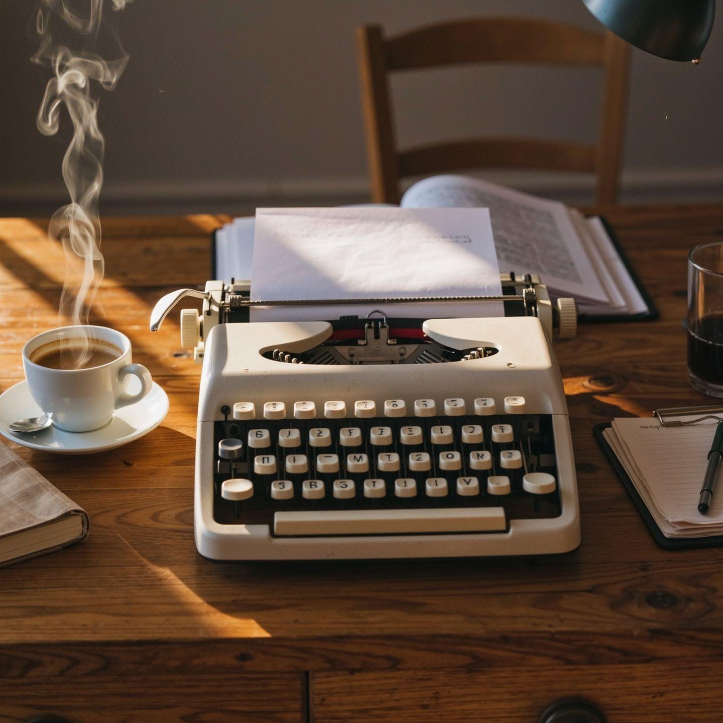 A vintage typewriter on a desk beside a steaming coffee and an open notebook, warm cinematic lighting