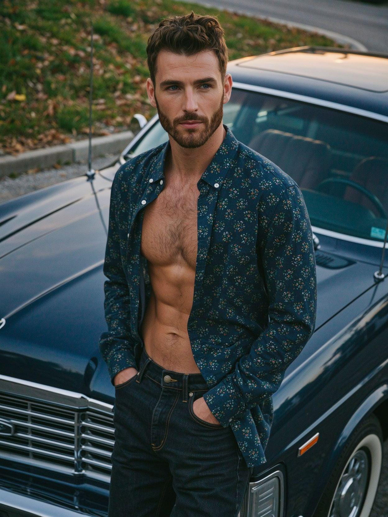 Dramatic fashion portrait of a handsome man in his 30s with an open shirt and toned physique, leaning against a vintage car at dusk, cinematic rim light, GQ editorial style, photorealistic