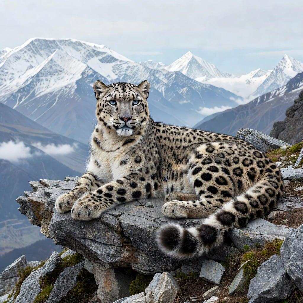 A majestic snow leopard resting on a rocky Himalayan ledge, piercing eyes, crisp wildlife photography