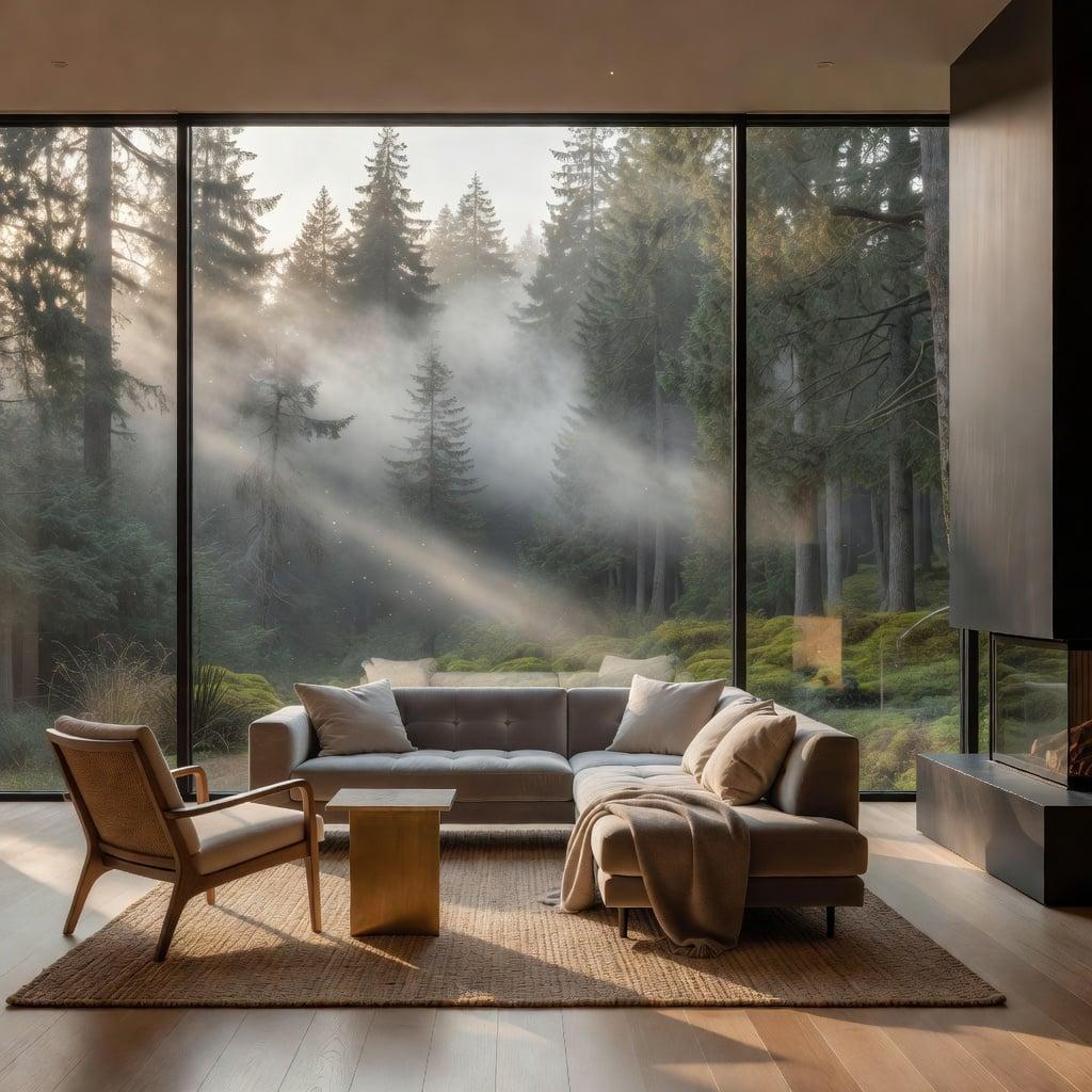 An elegant modern living room with floor-to-ceiling windows overlooking a misty forest, warm natural light