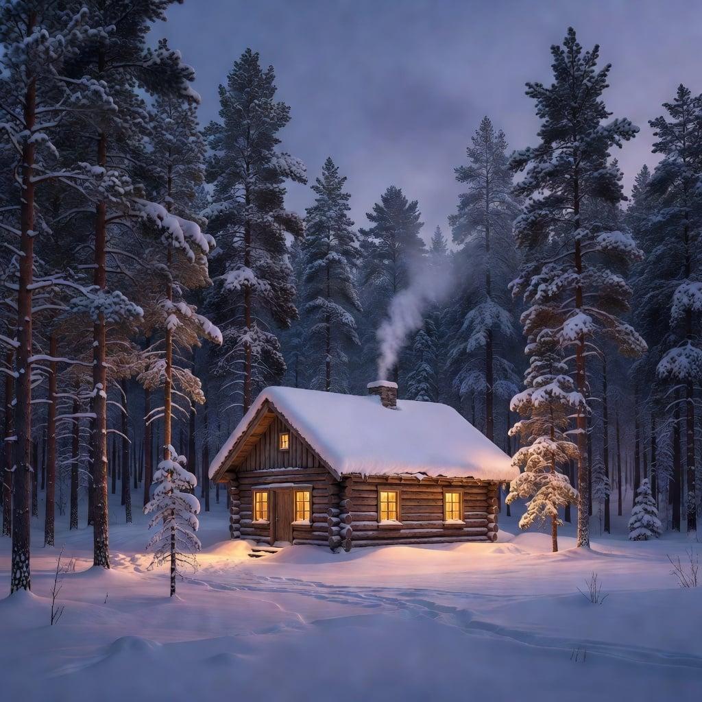 A snow-dusted log cabin glowing warmly in a pine forest at twilight, smoke from the chimney, peaceful