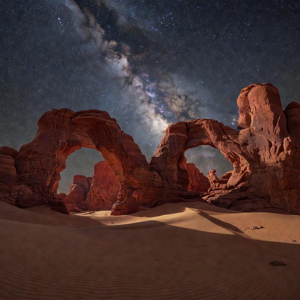 A dramatic desert landscape with towering red rock arches under a star-filled night sky, long exposure