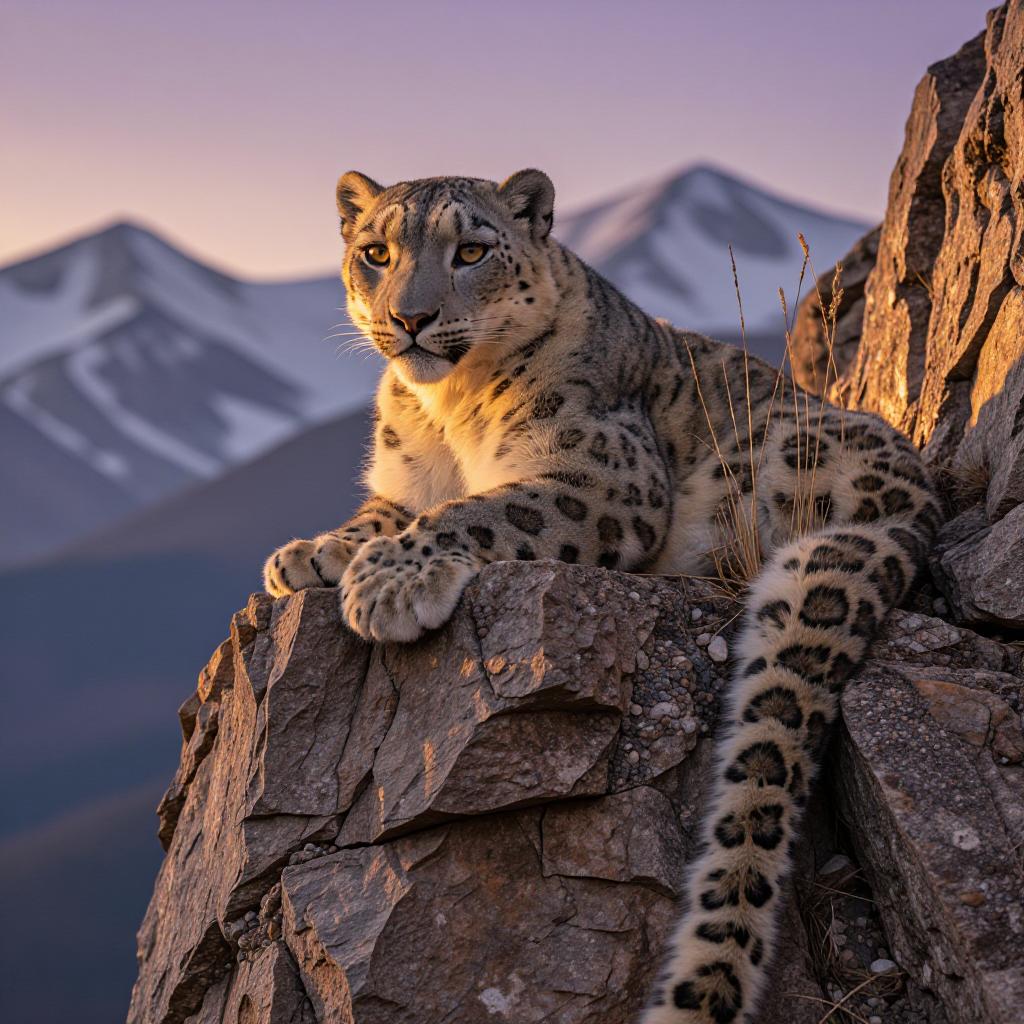 a majestic snow leopard resting on a rocky cliff at golden hour