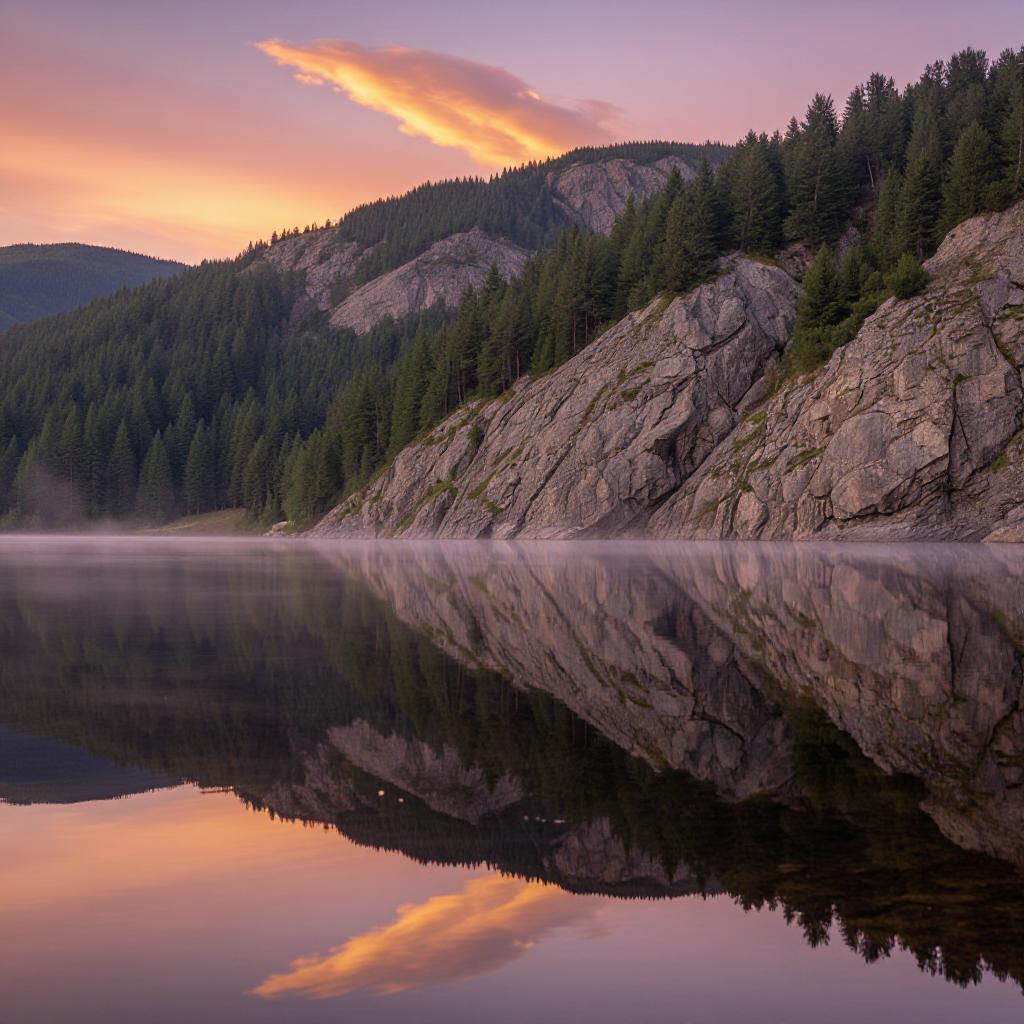 a serene mountain lake at sunrise, mirror reflection, soft pastel sky