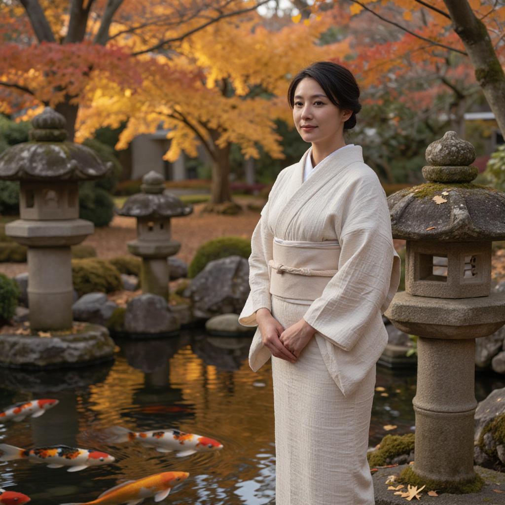 a tranquil Japanese garden with a koi pond and stone lanterns in autumn