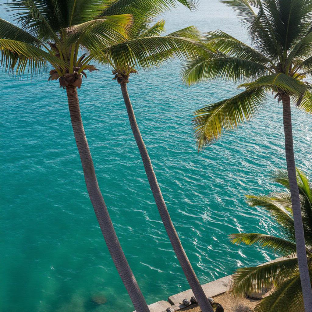 a tropical beach with turquoise water and leaning palm trees, aerial view