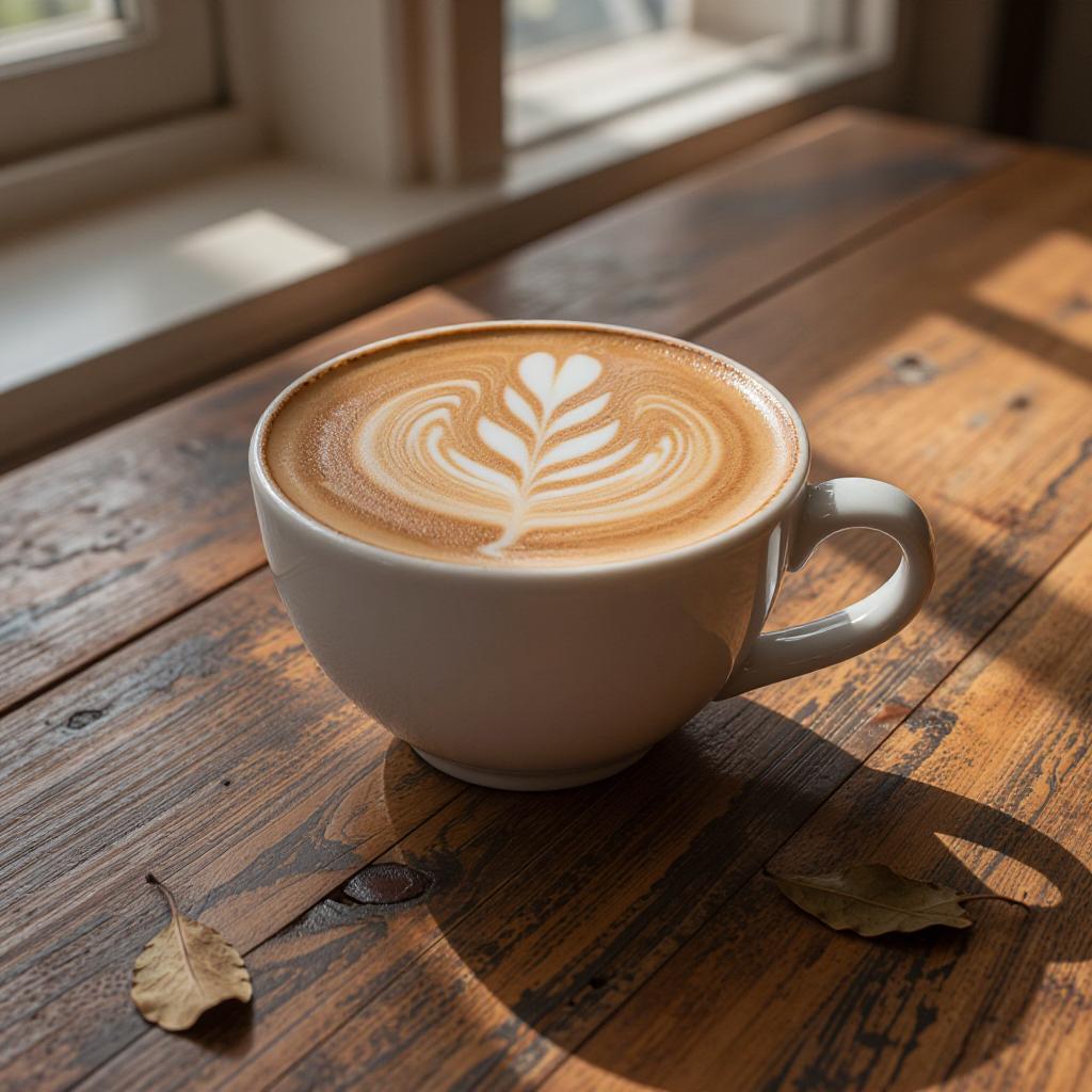 a cup of coffee with delicate latte art on a rustic wooden table, morning light