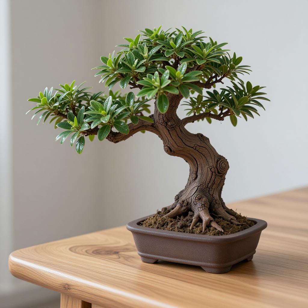 a delicate bonsai tree on a minimalist desk under soft studio lighting