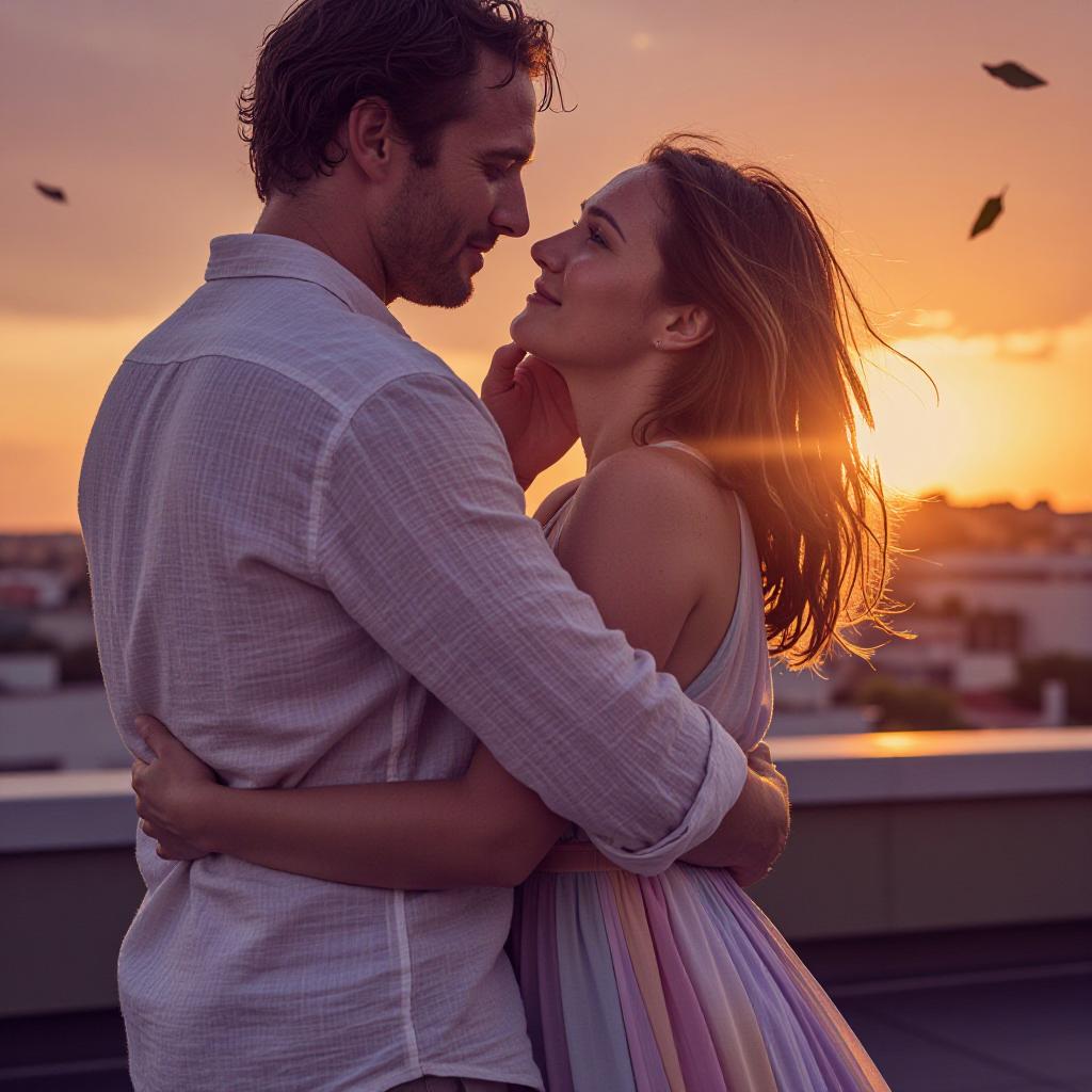 Sun-drenched lifestyle portrait of an attractive adult couple in their late 20s embracing on a rooftop at sunset, stylish summer outfits, candid romantic mood, warm cinematic light, photorealistic