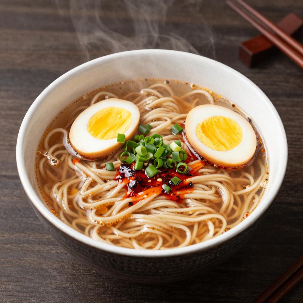 A steaming bowl of ramen with a soft-boiled egg, scallions, and chili oil, overhead shot on a dark wooden table, food photography