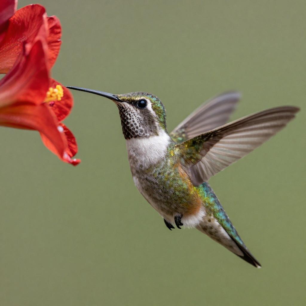 A close-up of a hummingbird hovering beside a bright red flower, wings frozen mid-beat, macro photography, crisp detail