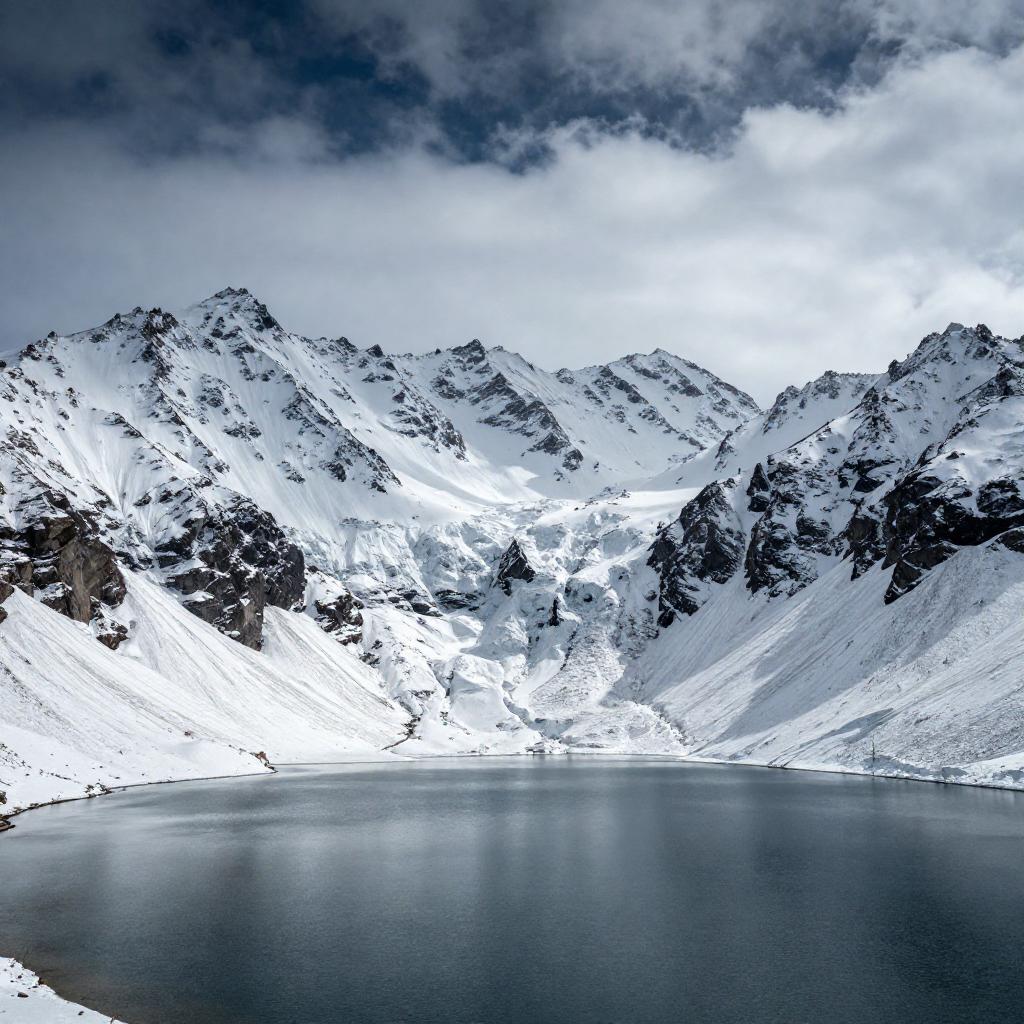 A snow-capped mountain range under a dramatic sky, alpine lake in the foreground, crisp clean air, landscape photography