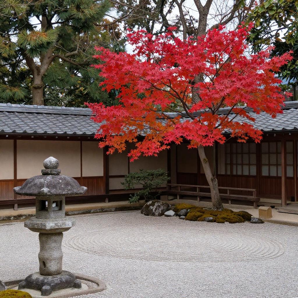 A traditional Japanese garden in autumn, a red maple tree, stone lantern, raked gravel, serene and balanced composition