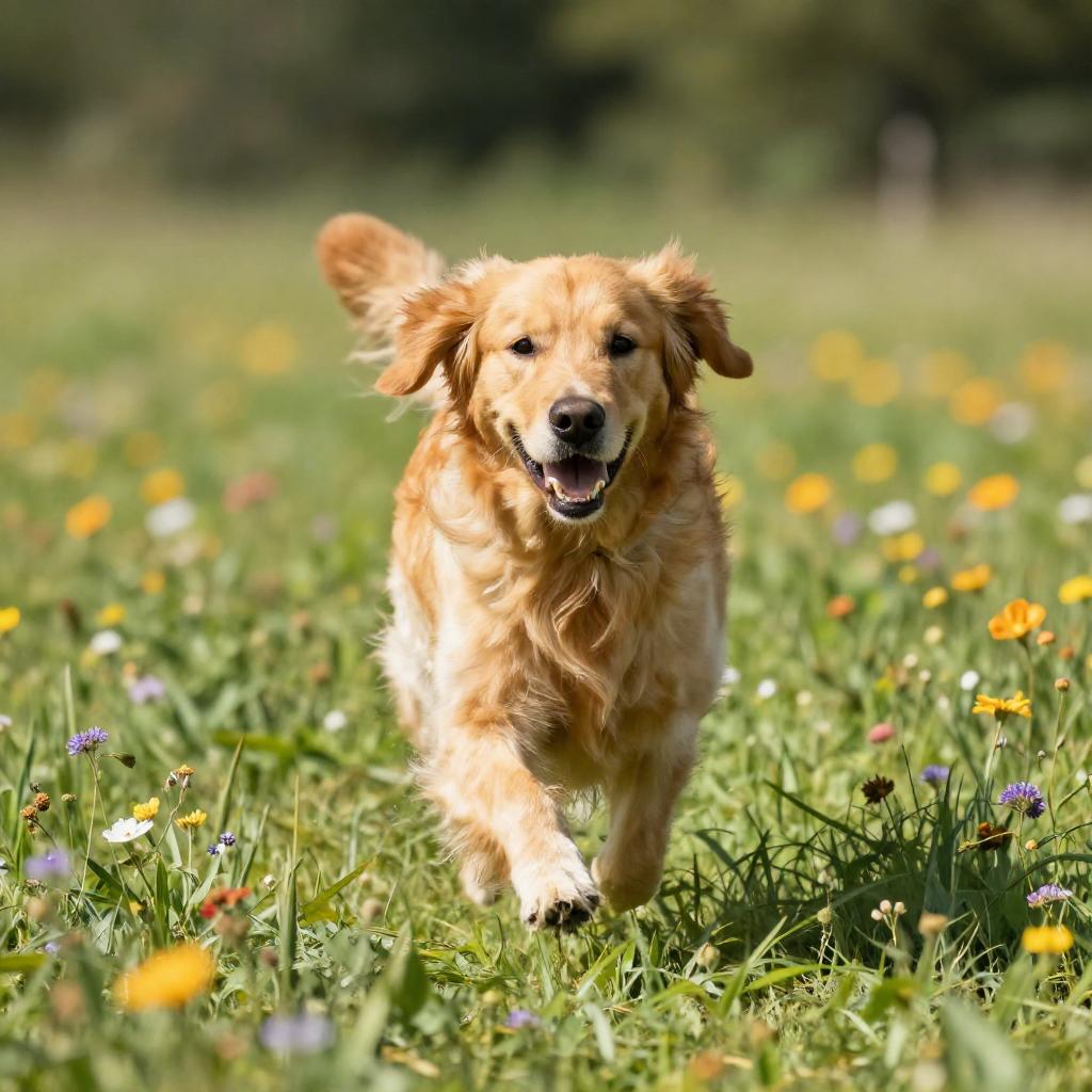 A golden retriever running through a sunlit meadow of wildflowers, motion captured, joyful, shallow depth of field
