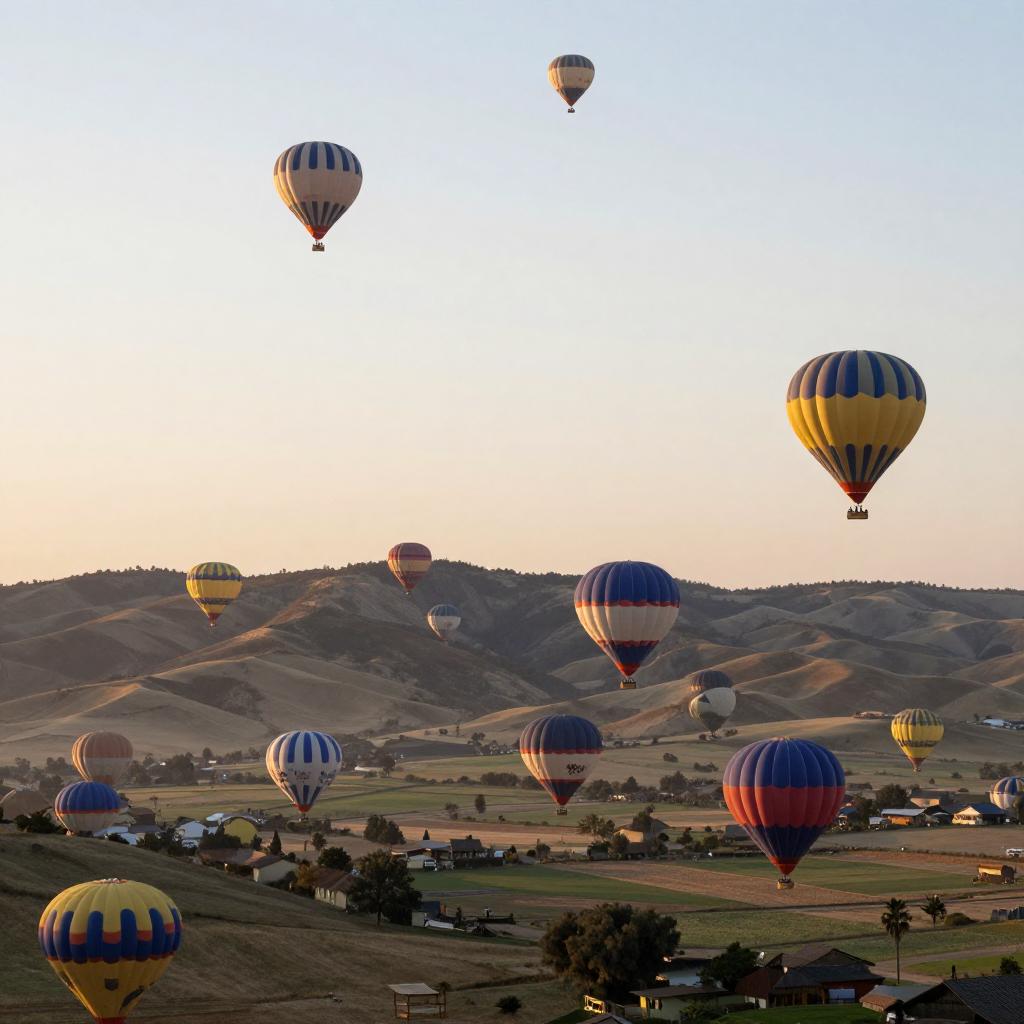 A hot air balloon festival at dawn, dozens of colorful balloons rising over rolling hills, wide landscape, soft light