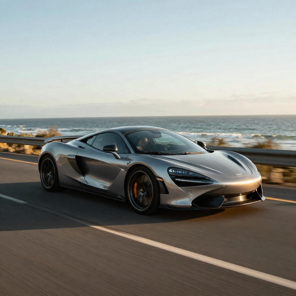 A sleek modern sports car on a coastal highway at golden hour, ocean in the background, motion blur, automotive photography